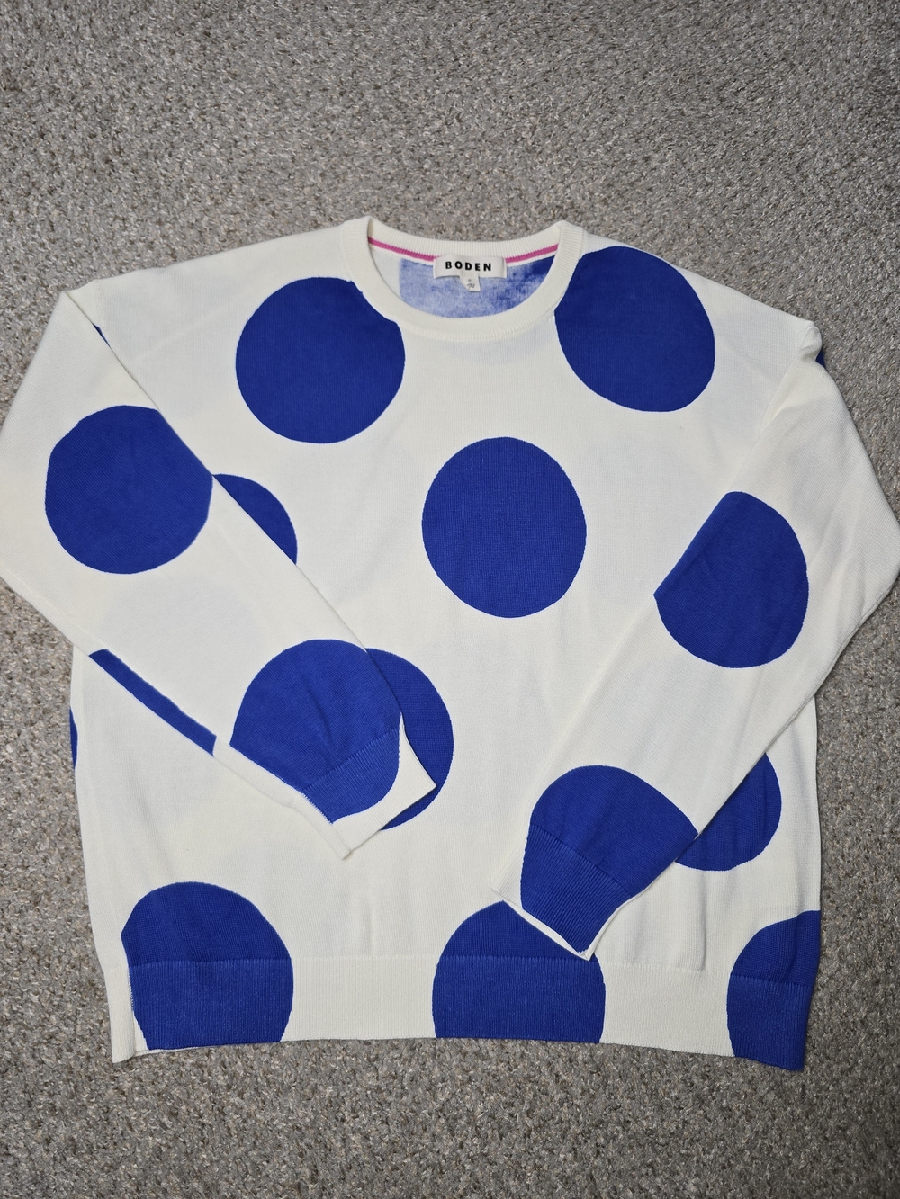 Boden Women’s Cream Sweater with Bold Blue Polka Dots Size Medium